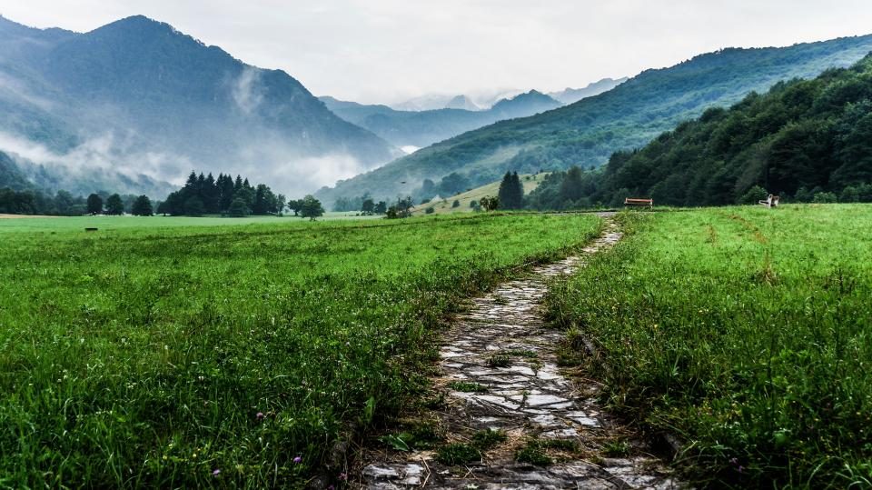 A path winding through a misty green Welsh valley